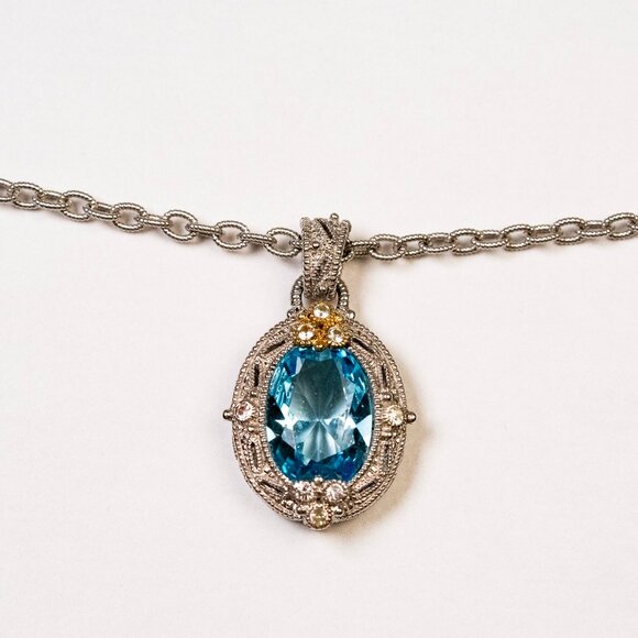 Judith Ripka Sterling Silver/18K Gold with Blue Topaz/Sapphire Pendant and Chain - Picture 3 of 9